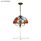 Victorian 3-Head Stained Glass Bowl Pendant Lamp - Black Ceiling Hanging Light With/Without Pull