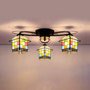 Black Tiffany Stained Glass 3 - Light Flushmount For Small Bedroom
