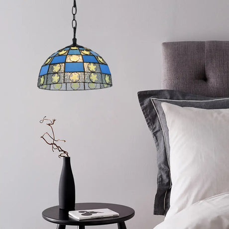 Star Hanging Lamp Kit - 12/16 Wide Black 1-Light Tiffany-Style Blue Glass Pendant Fixture