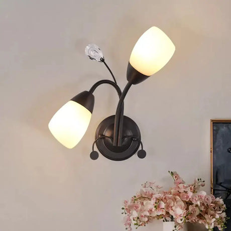 Black Tulip Wall Sconce With Ivory Glass And Crystal Accent / B