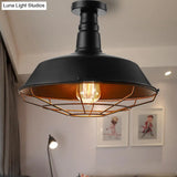 Black Vintage Metal Cage Ceiling Light Semi Flush Mount Indoor 1-Head Lighting With Barn Shade -