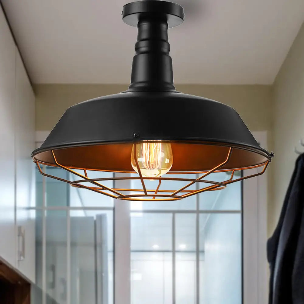 Black Vintage Metal Cage Ceiling Light Semi Flush Mount Indoor 1-Head Lighting With Barn Shade -