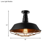 Black Vintage Metal Cage Ceiling Light Semi Flush Mount Indoor 1-Head Lighting With Barn Shade -