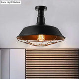 Black Vintage Metal Cage Ceiling Light Semi Flush Mount Indoor 1-Head Lighting With Barn Shade -