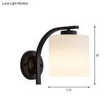 Black Wall Sconce With Ivory Glass Cylinder And Curved Arm - 1-Light Mounted Lamp