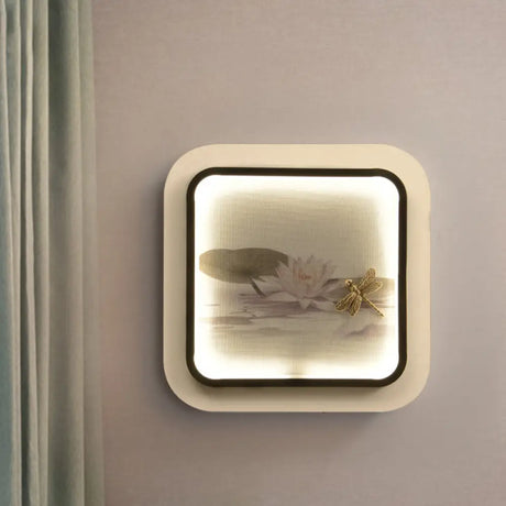 Black & White Chinese Led Wall Light With Lotus Dragonfly Pattern - Square Metal Fixture Black-White