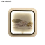 Black & White Chinese Led Wall Light With Lotus Dragonfly Pattern - Square Metal Fixture