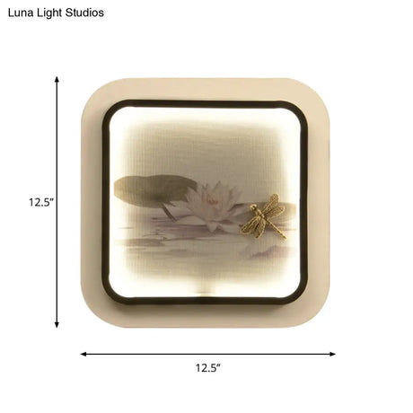 Black & White Chinese Led Wall Light With Lotus Dragonfly Pattern - Square Metal Fixture