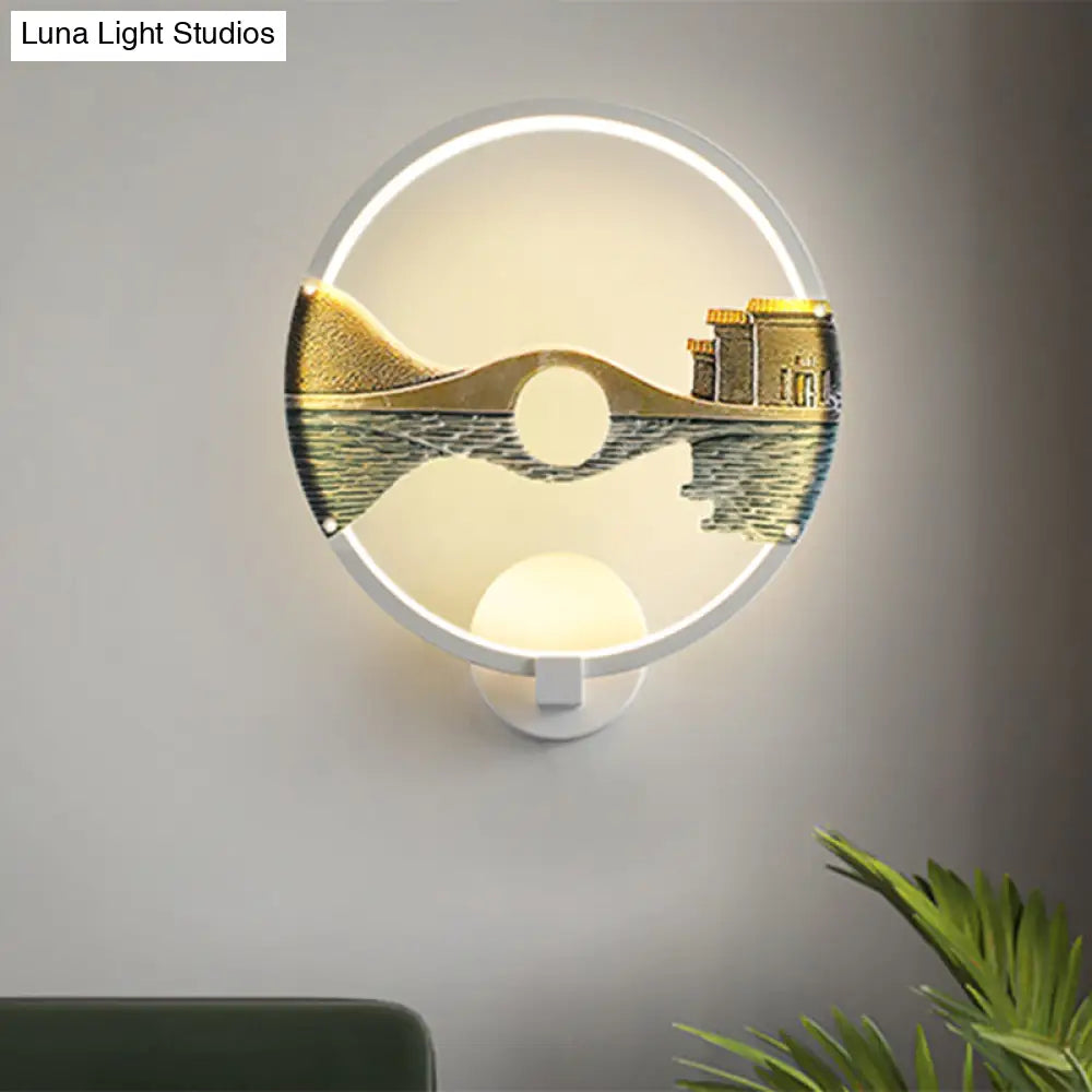 Black/White Round Bridge Wall Mural Led Acrylic Light Fixture Oriental Style