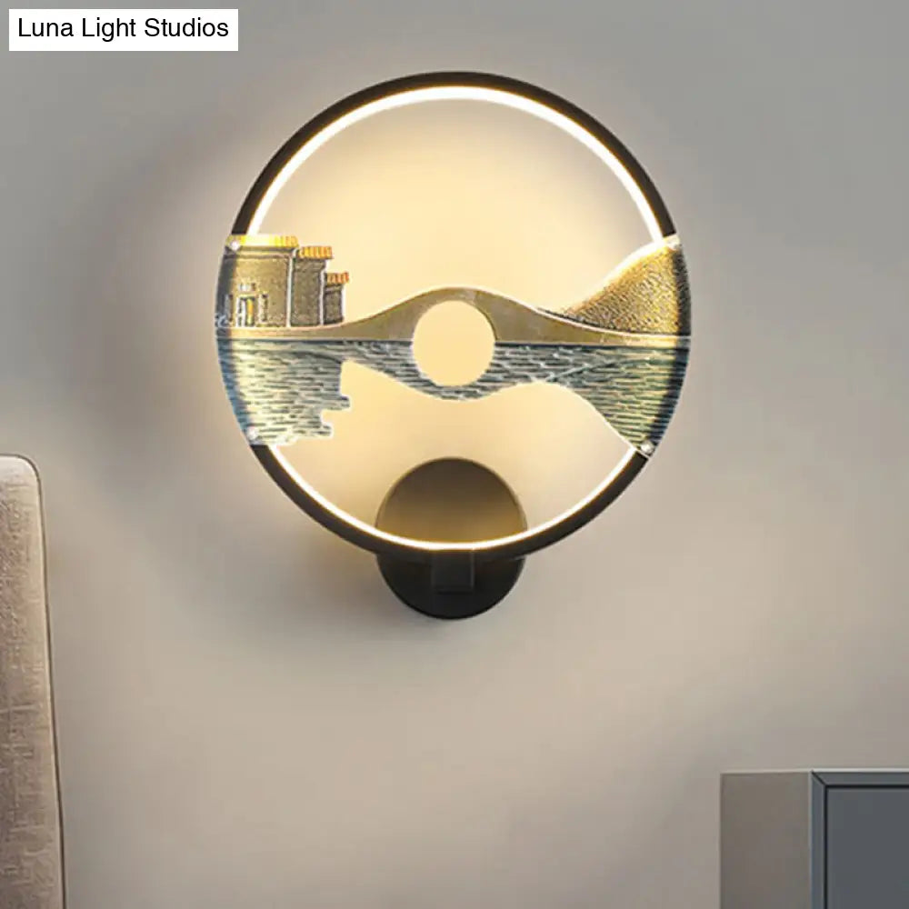 Black/White Round Bridge Wall Mural Led Acrylic Light Fixture Oriental Style