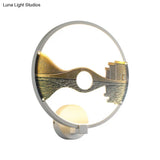 Black/White Round Bridge Wall Mural Led Acrylic Light Fixture Oriental Style