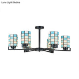 Black/White Stained Glass Semi Mount Cylinder Ceiling Light - 3/6/8 Lights Baroque Style