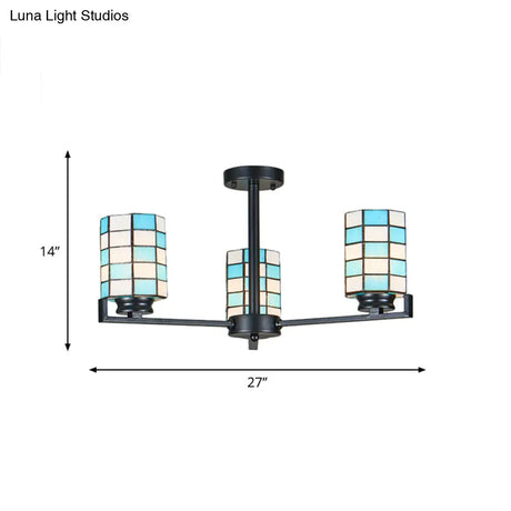 Black/White Stained Glass Semi Mount Cylinder Ceiling Light - 3/6/8 Lights Baroque Style