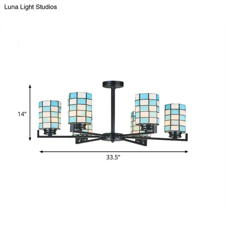 Black/White Stained Glass Semi Mount Cylinder Ceiling Light - 3/6/8 Lights Baroque Style