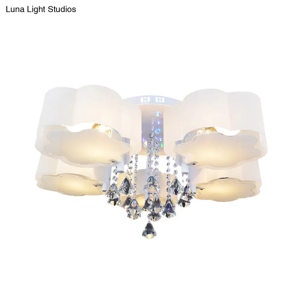 Bloom Glass Flush Mount Lamp With Crystal Draping - Contemporary Design 3/5 Heads White Light