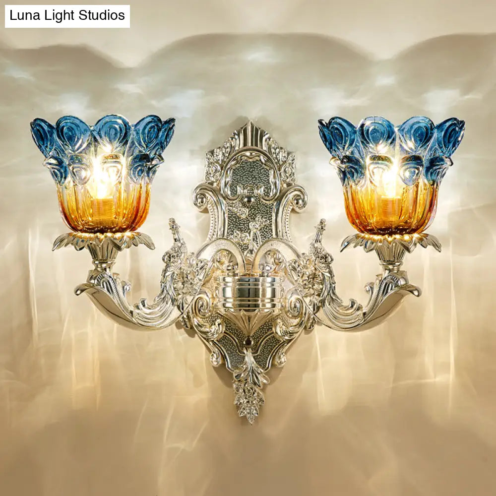 Blossom Sconce Lamp: Classic Blue & Yellow Ribbed Glass 2 Lights Silver Wall Mounted Lighting