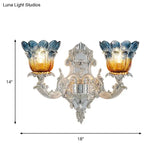 Blossom Sconce Lamp: Classic Blue & Yellow Ribbed Glass 2 Lights Silver Wall Mounted Lighting