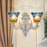 Blossom Sconce Lamp: Classic Blue & Yellow Ribbed Glass 2 Lights Silver Wall Mounted Lighting