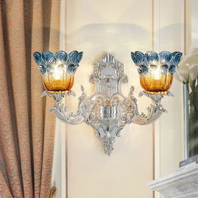 Blossom Sconce Lamp: Classic Blue & Yellow Ribbed Glass 2 Lights Silver Wall Mounted Lighting