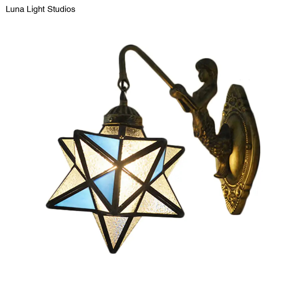 Blue And Clear Dimple Glass Mediterranean Sconce Lighting - Star Wall Mounted Light