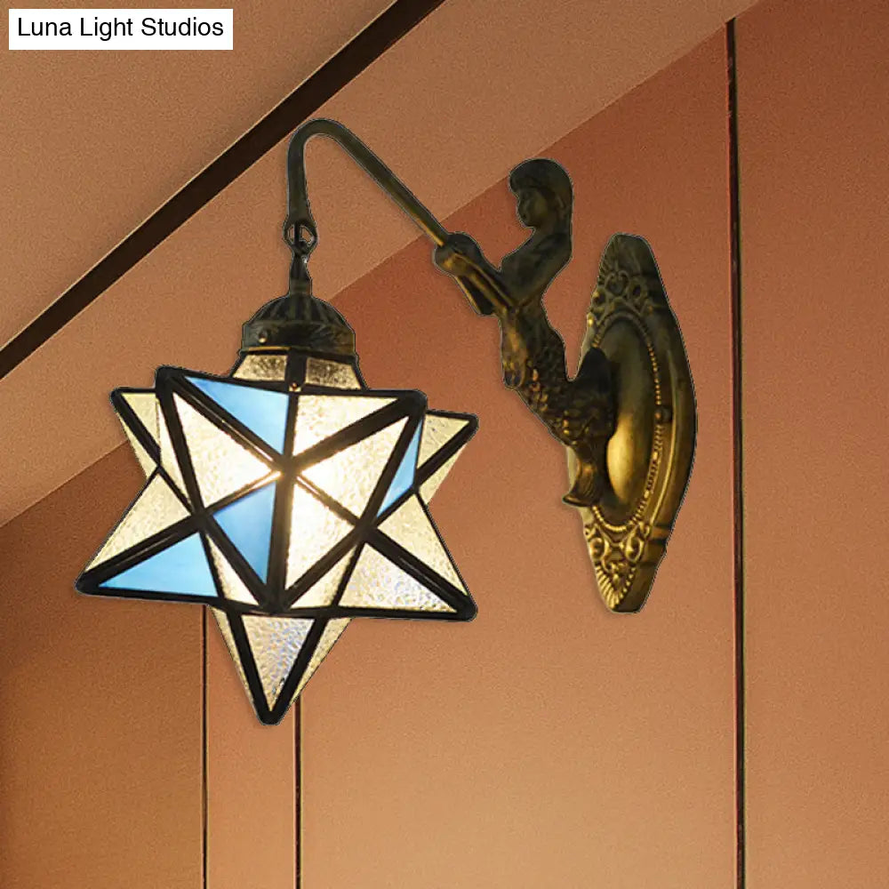 Blue And Clear Dimple Glass Mediterranean Sconce Lighting - Star Wall Mounted Light