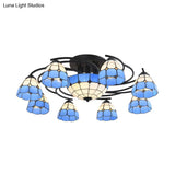 Blue And White Glass Semi - Flush Conical Ceiling Light With 9/11 Lights - Black Lighting Fixture