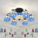 Blue And White Glass Semi - Flush Conical Ceiling Light With 9/11 Lights - Black Lighting Fixture