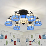 Blue And White Glass Semi - Flush Conical Ceiling Light With 9/11 Lights - Black Lighting Fixture