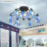 Blue And White Glass Semi - Flush Conical Ceiling Light With 9/11 Lights - Black Lighting Fixture