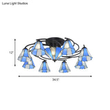 Blue And White Glass Semi - Flush Conical Ceiling Light With 9/11 Lights - Black Lighting Fixture