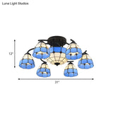 Blue And White Glass Semi - Flush Conical Ceiling Light With 9/11 Lights - Black Lighting Fixture