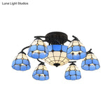 Blue And White Glass Semi - Flush Conical Ceiling Light With 9/11 Lights - Black Lighting Fixture