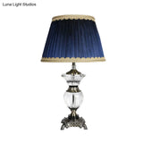 Blue Barrel Crystal Nightstand Lamp With Braided Trim - Lodge Bedroom Table Light