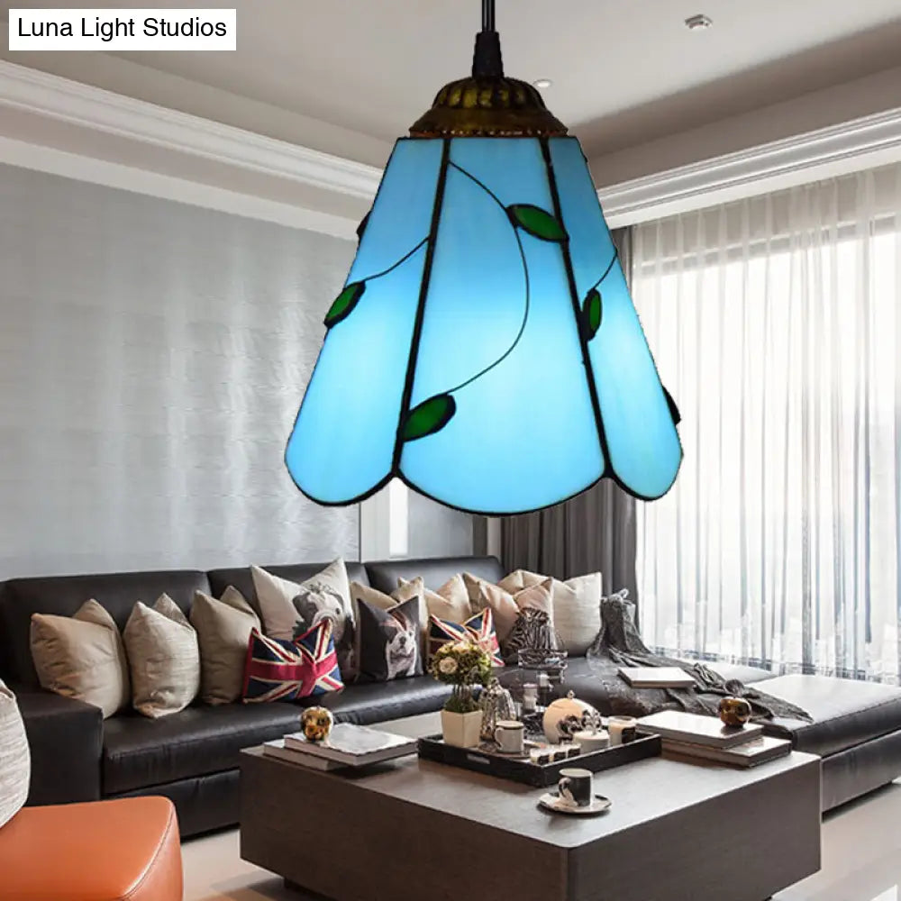Blue/Beige Stained Glass Conical Tiffany Hanging Lamp - Mini Pendant For Living Room