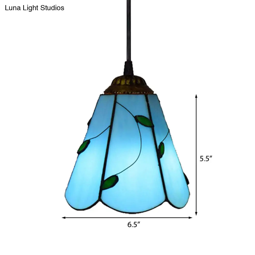 Blue/Beige Stained Glass Conical Tiffany Hanging Lamp - Mini Pendant For Living Room