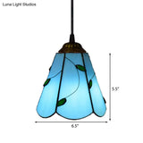 Blue/Beige Stained Glass Conical Tiffany Hanging Lamp - Mini Pendant For Living Room