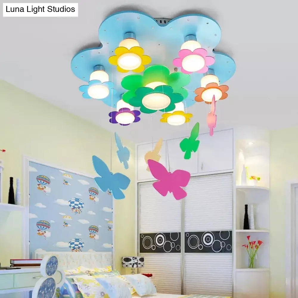 Blue Blossom Ceiling Mount Light With Hanging Butterfly: 7 - Head Wood Lamp For Child Bedroom