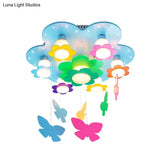 Blue Blossom Ceiling Mount Light With Hanging Butterfly: 7 - Head Wood Lamp For Child Bedroom