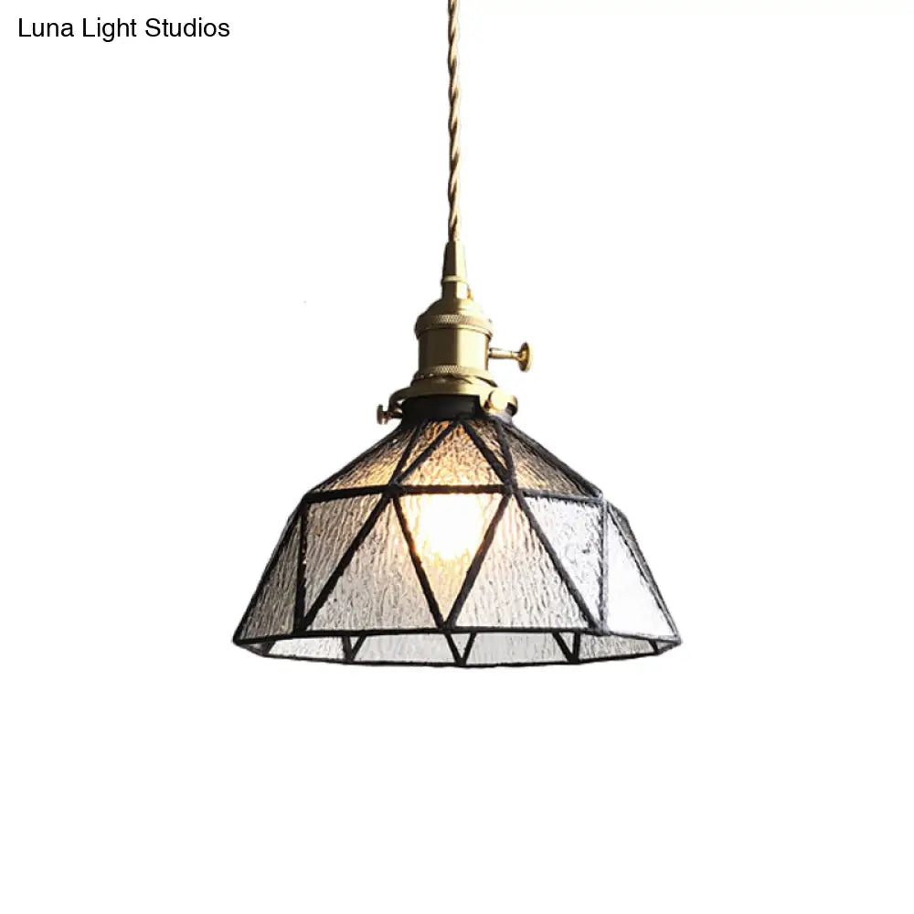 Blue/Clear Textured Glass Pendant With Brass Accents - Country Style Hanging Ceiling Light