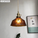 Blue/Clear Textured Glass Pendant With Brass Accents - Country Style Hanging Ceiling Light