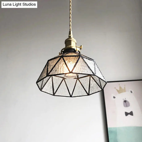 Blue/Clear Textured Glass Pendant With Brass Accents - Country Style Hanging Ceiling Light