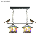 Blue/Clear Tiffany Style Pendant Light - 2 Heads Living Room Island Hanging Lamp With Stainless