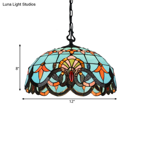 Blue Cut Glass Pendant Light Kit - 12’/16’ W Domed 1 Mediterranean Style