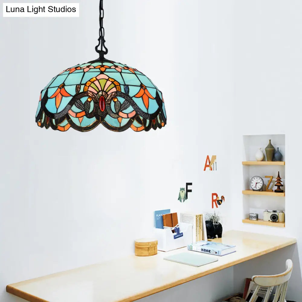 Blue Cut Glass Pendant Light Kit - 12’/16’ W Domed 1 Mediterranean Style