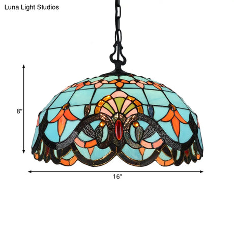 Blue Cut Glass Pendant Light Kit - 12’/16’ W Domed 1 Mediterranean Style