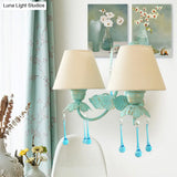 Blue Droplet Conical Fabric Wall Mounted Light With 2 Heads - Ideal For American Garden & Dining