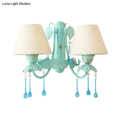 Blue Droplet Conical Fabric Wall Mounted Light With 2 Heads - Ideal For American Garden & Dining