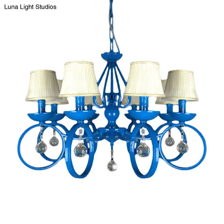 Blue Fabric Cone Pendant Lamp: Classic Chandelier Light Fixture With Crystal Draping Ideal For
