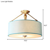 Blue Fabric Drum Semi Flush Ceiling Light With 4 Lights For Corridor