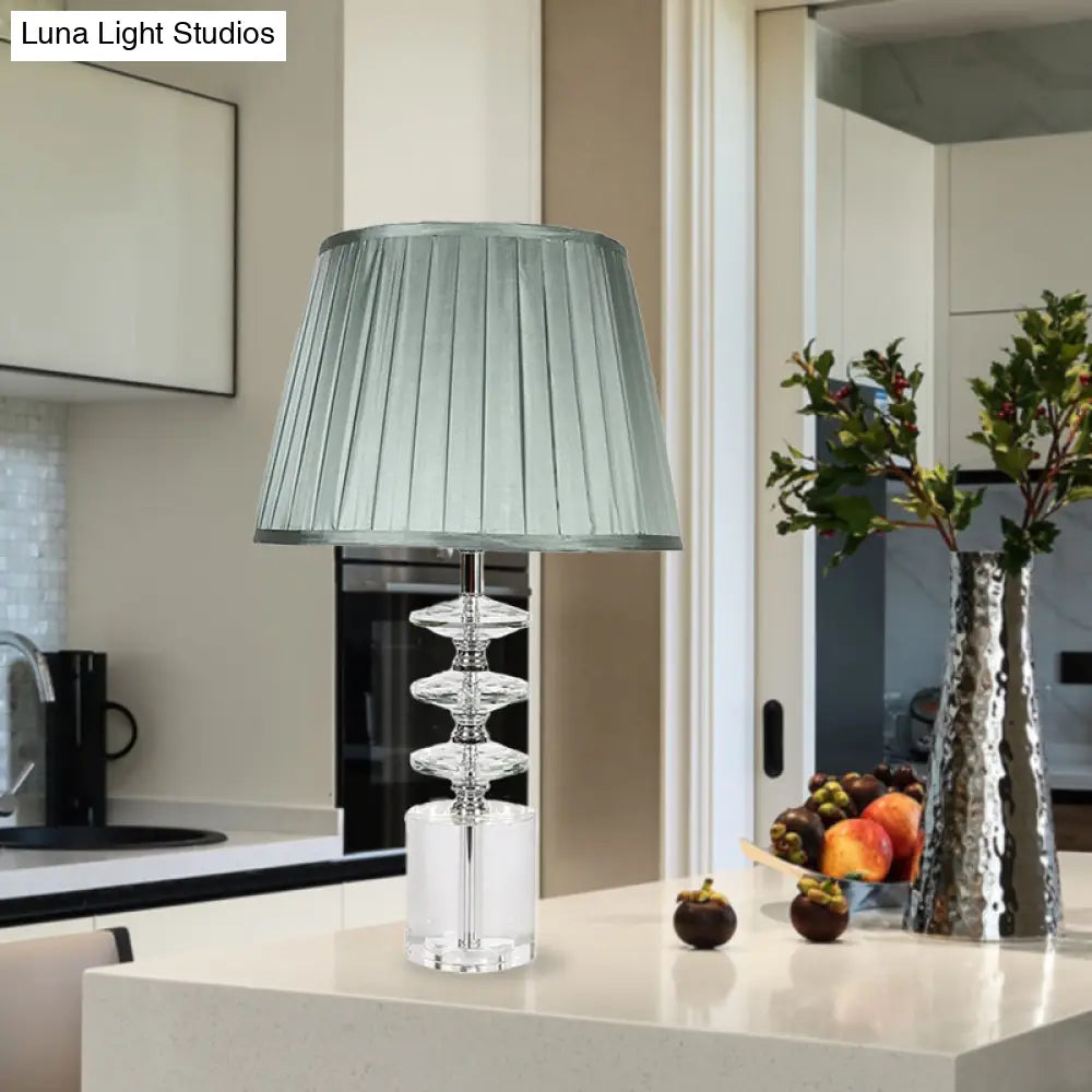 Blue Fabric Night Table Lamp With Clear Crystal Accent - Traditional Conical Design 1 Light